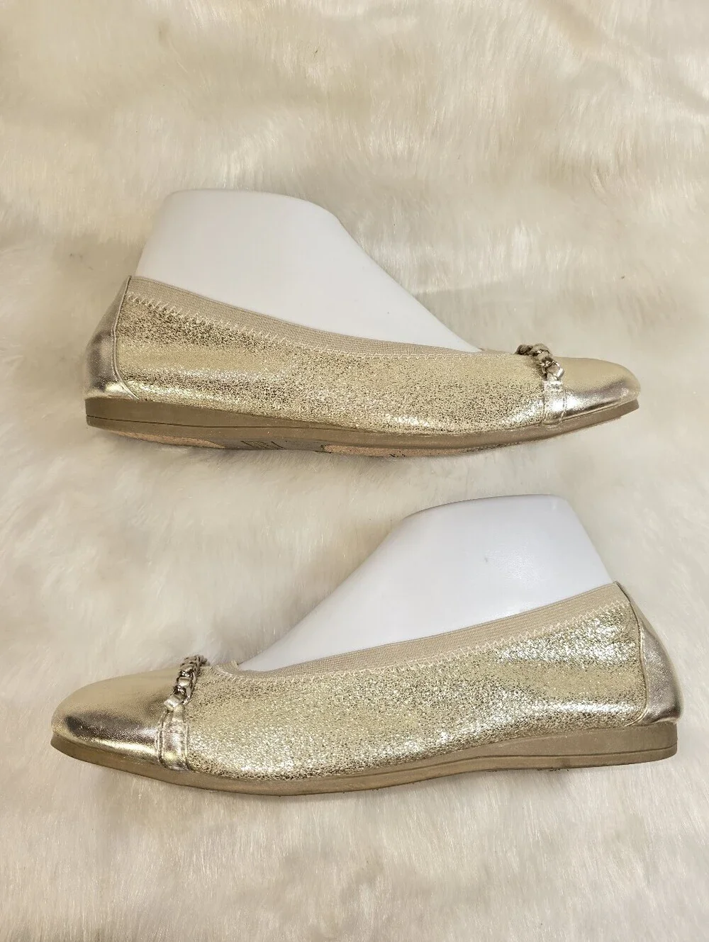 American Eagle Womens Gold Glitter Stretch Ballet Flats with Chain Trim